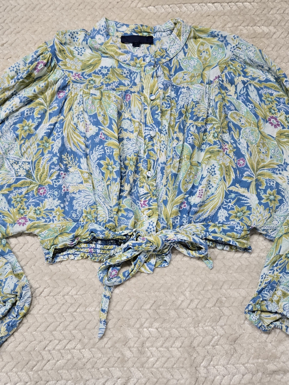 Rachel Rachel Roy Crop Top Womens M Blue Green Tropical Tie Front Boho Flowy
